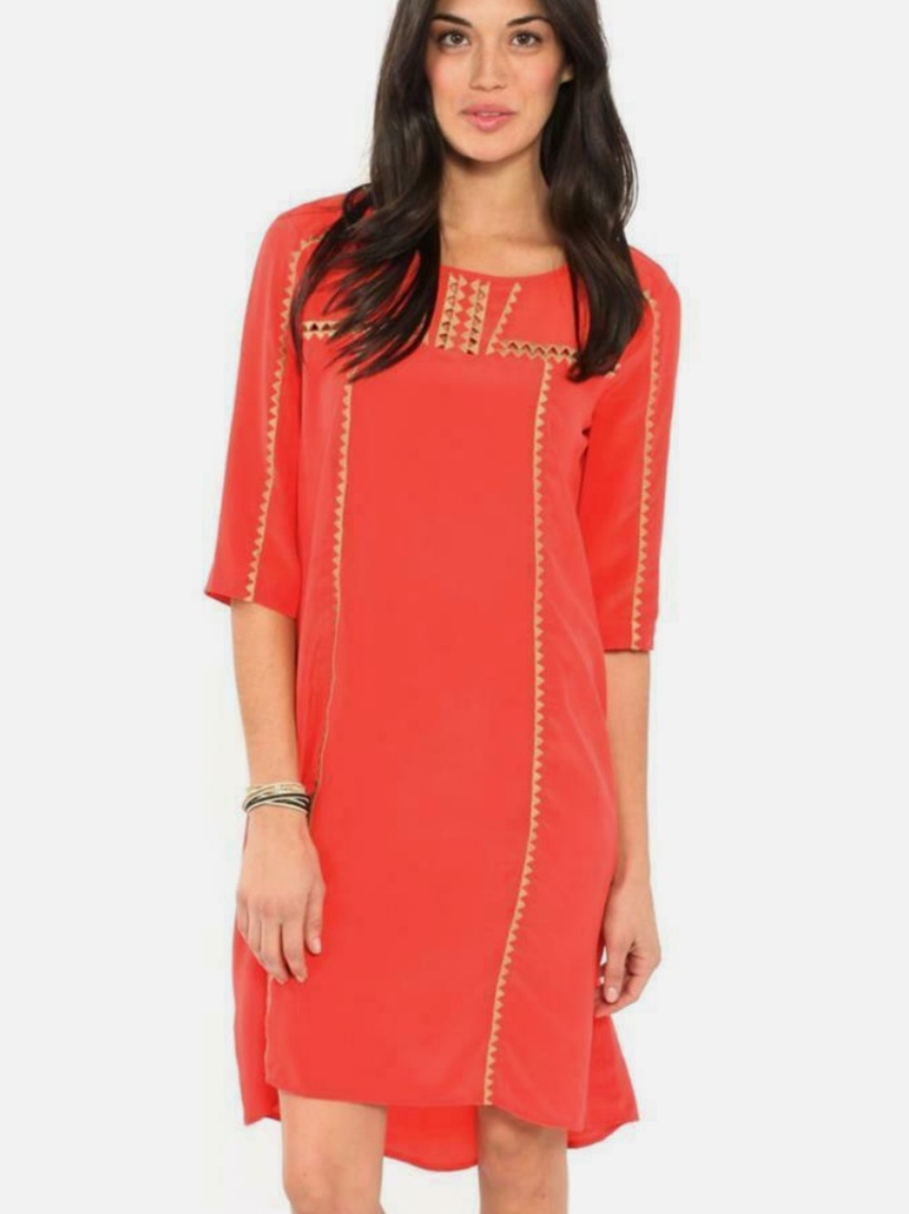 NWT Silk BCBGMaxAzria Shift Dress. Bright Poppy W/ Khaki Embroidery. Sz. M